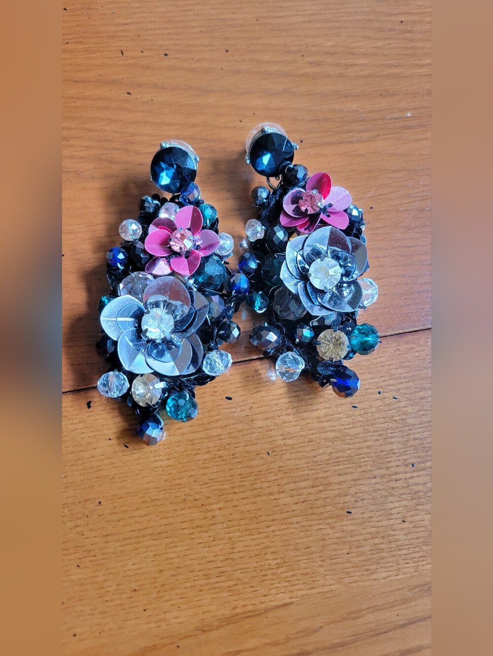 Floral Crystal Drop Earrings - Pink & Blue
